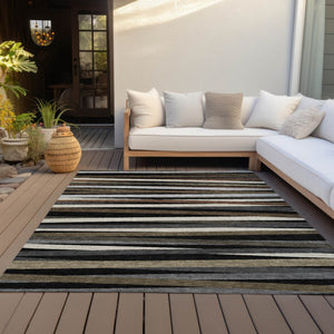 Homeroots 3' Black Brown And Ivory Striped Washable Area Rug - Durable, Versatile Design For Indoor Or Outdoor Use 3' X 5' Polyester 597301