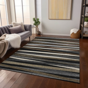 Homeroots 3' Black Brown And Ivory Striped Washable Area Rug - Durable, Versatile Design For Indoor Or Outdoor Use 3' X 5' Polyester 597301