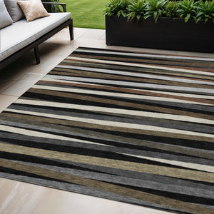 Homeroots 3' Black Brown And Ivory Striped Washable Area Rug - Durable, Versatile Design For Indoor Or Outdoor Use 5' X 8' Polyester 597302