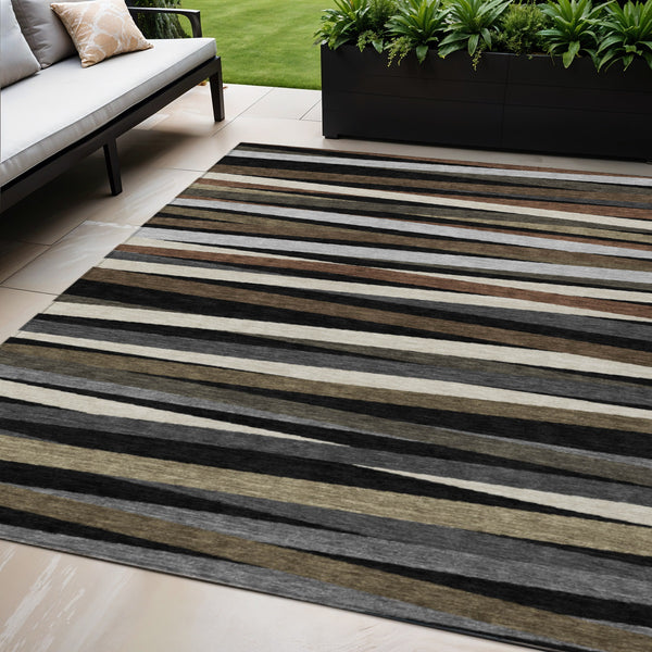 Homeroots 3' Black Brown And Ivory Striped Washable Area Rug - Durable, Versatile Design For Indoor Or Outdoor Use 5' X 8' Polyester 597302