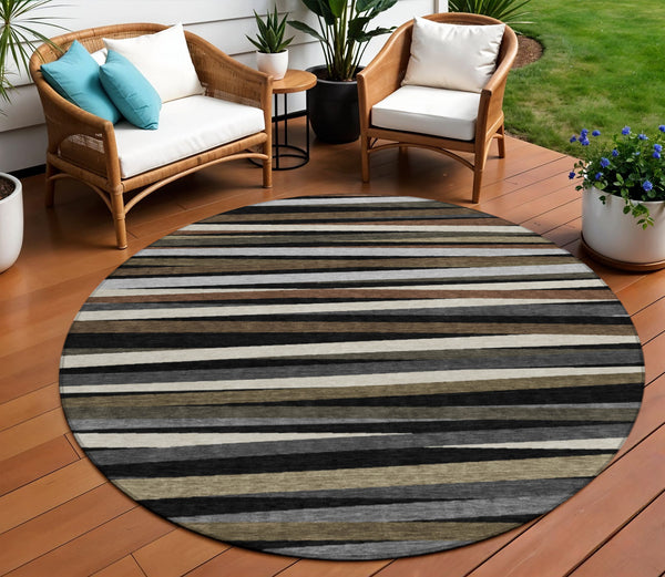 Homeroots 3' Black Brown And Ivory Striped Washable Area Rug - Durable, Versatile Design For Indoor Or Outdoor Use 8' Round Polyester 597303