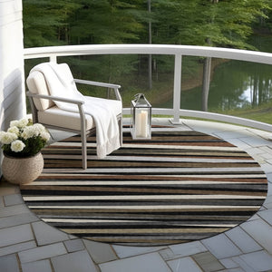 Homeroots 3' Black Brown And Ivory Striped Washable Area Rug - Durable, Versatile Design For Indoor Or Outdoor Use 8' Round Polyester 597303