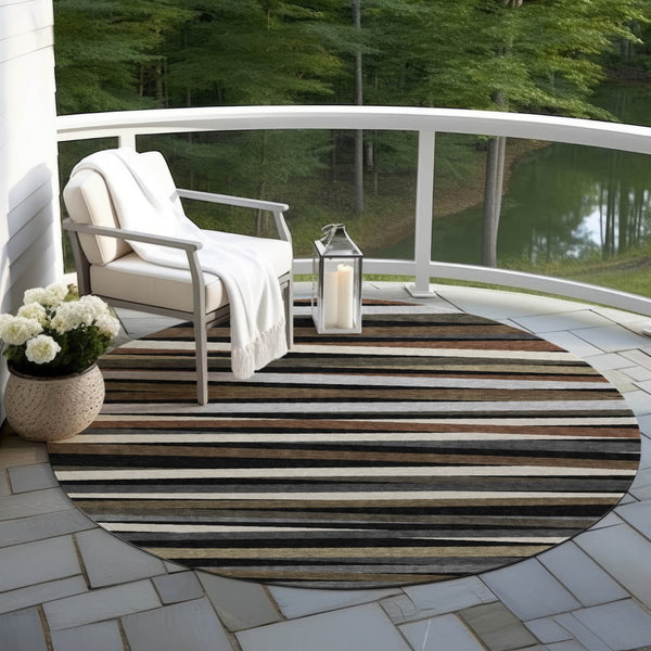 Homeroots 3' Black Brown And Ivory Striped Washable Area Rug - Durable, Versatile Design For Indoor Or Outdoor Use 8' Round Polyester 597303