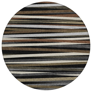 HomeRoots 5' Striped Area Rug in Black, Brown & Ivory – Durable, Washable Design for Indoor & Outdoor Spaces 8' Round 597303