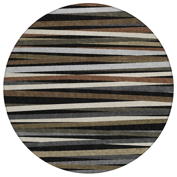 HomeRoots 5' Striped Area Rug in Black, Brown & Ivory – Durable, Washable Design for Indoor & Outdoor Spaces 8' Round 597303