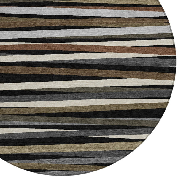 Homeroots 3' Black Brown And Ivory Striped Washable Area Rug - Durable, Versatile Design For Indoor Or Outdoor Use 8' Round Polyester 597303