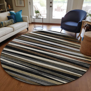 Homeroots 3' Black Brown And Ivory Striped Washable Area Rug - Durable, Versatile Design For Indoor Or Outdoor Use 8' Round Polyester 597303
