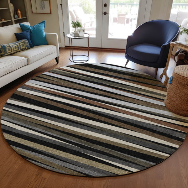 Homeroots 3' Black Brown And Ivory Striped Washable Area Rug - Durable, Versatile Design For Indoor Or Outdoor Use 8' Round Polyester 597303