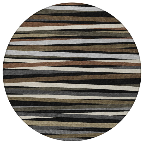 Homeroots 3' Black Brown And Ivory Striped Washable Area Rug - Durable, Versatile Design For Indoor Or Outdoor Use 8' Round Polyester 597303