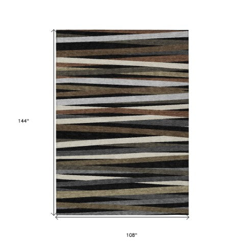 Homeroots 3' Black Brown And Ivory Striped Washable Area Rug - Durable, Versatile Design For Indoor Or Outdoor Use 9' X 12' Polyester 597305