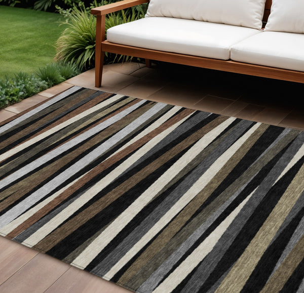 Homeroots 3' Black Brown And Ivory Striped Washable Area Rug - Durable, Versatile Design For Indoor Or Outdoor Use 9' X 12' Polyester 597305