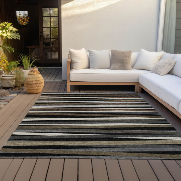 Homeroots 3' Black Brown And Ivory Striped Washable Area Rug - Durable, Versatile Design For Indoor Or Outdoor Use 9' X 12' Polyester 597305