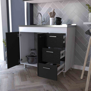 English Elm Darien Multicolor Base Cabinet with Double Doors, Three Drawers, Faucet Hole & Four Legs, 25.7"H B128S00136