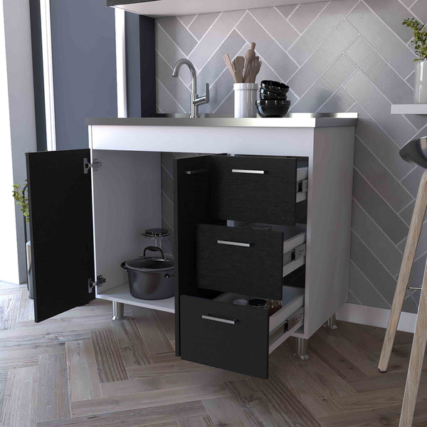 English Elm Darien Multicolor Base Cabinet with Double Doors, Three Drawers, Faucet Hole & Four Legs, 25.7"H B128S00136