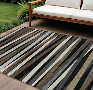 Homeroots 3' Black Brown And Ivory Striped Washable Area Rug - Durable, Versatile Design For Indoor Or Outdoor Use 10' X 14' Polyester 597306