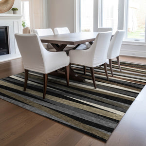 Homeroots 3' Black Brown And Ivory Striped Washable Area Rug - Durable, Versatile Design For Indoor Or Outdoor Use 10' X 14' Polyester 597306