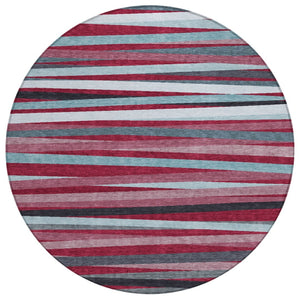 HomeRoots 5' Stylish Burgundy, Ivory & Blue Striped Washable Area Rug for Indoor & Outdoor High-Traffic Spaces 8' Round 597309