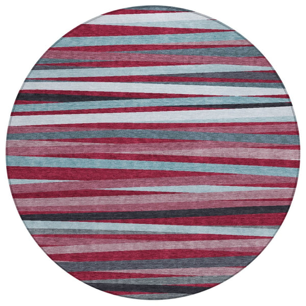 HomeRoots 5' Stylish Burgundy, Ivory & Blue Striped Washable Area Rug for Indoor & Outdoor High-Traffic Spaces 8' Round 597309