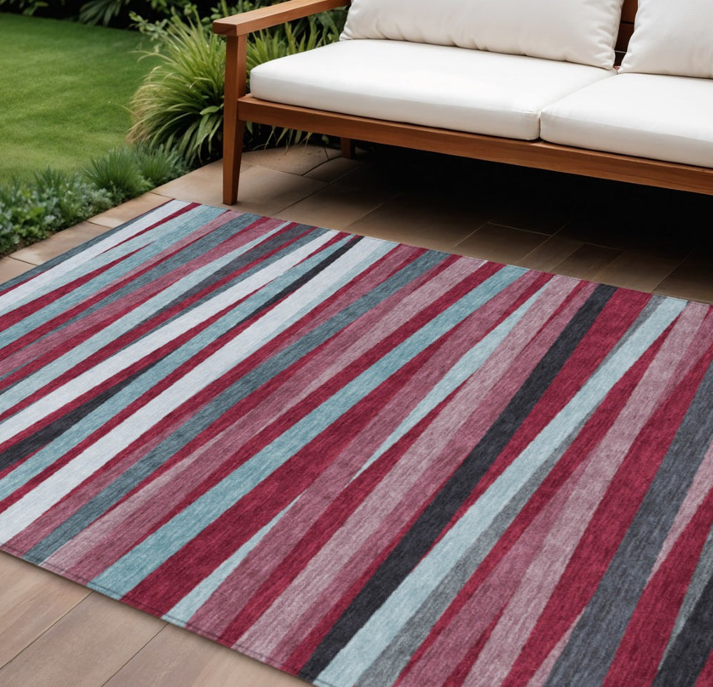 HomeRoots 5' Stylish Burgundy, Ivory & Blue Striped Washable Area Rug for Indoor & Outdoor High-Traffic Spaces 10' X 14' 597312