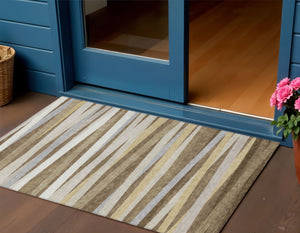 Homeroots 3' Black Brown And Ivory Striped Washable Area Rug - Durable, Versatile Design For Indoor Or Outdoor Use 3' X 5' Polyester 597313