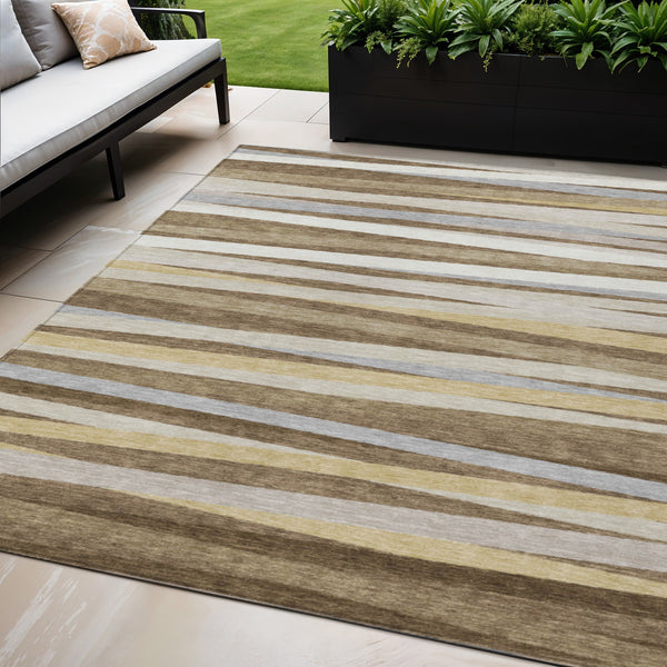 Homeroots 3' Black Brown And Ivory Striped Washable Area Rug - Durable, Versatile Design For Indoor Or Outdoor Use 5' X 8' Polyester 597314