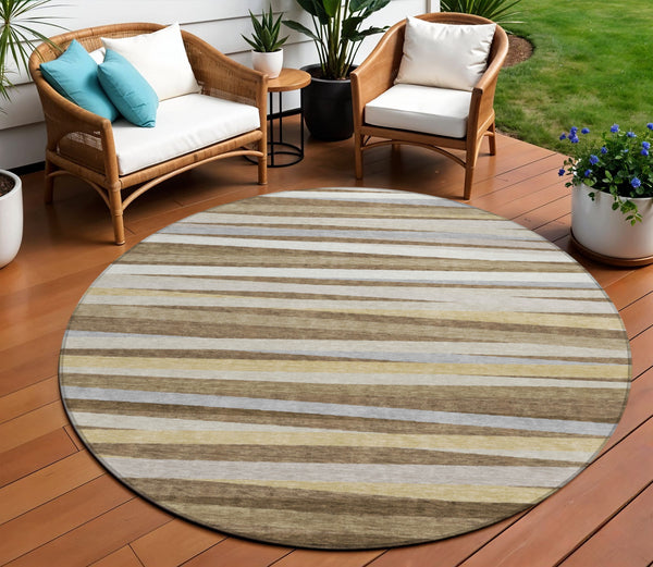 Homeroots 3' Black Brown And Ivory Striped Washable Area Rug - Durable, Versatile Design For Indoor Or Outdoor Use 8' Round Polyester 597315