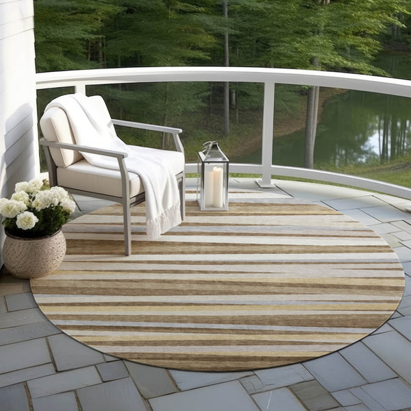 Homeroots 3' Black Brown And Ivory Striped Washable Area Rug - Durable, Versatile Design For Indoor Or Outdoor Use 8' Round Polyester 597315
