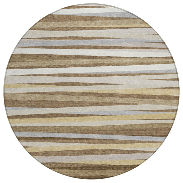 HomeRoots 5' Versatile Brown Beige and Gray Striped Washable Area Rug for Indoor Outdoor Living Spaces 8' Round 597315