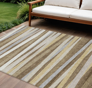 Homeroots 3' Black Brown And Ivory Striped Washable Area Rug - Durable, Versatile Design For Indoor Or Outdoor Use 8' X 10' Polyester 597316