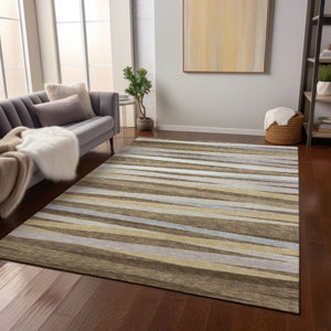 Homeroots 3' Black Brown And Ivory Striped Washable Area Rug - Durable, Versatile Design For Indoor Or Outdoor Use 8' X 10' Polyester 597316