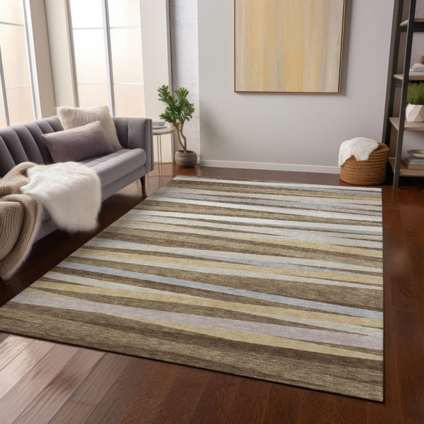 Homeroots 3' Black Brown And Ivory Striped Washable Area Rug - Durable, Versatile Design For Indoor Or Outdoor Use 10' X 14' Polyester 597318