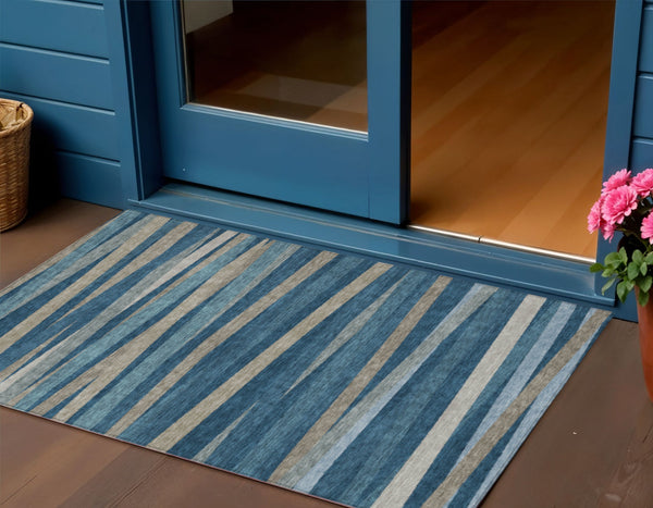 Homeroots 3' Black Brown And Ivory Striped Washable Area Rug - Durable, Versatile Design For Indoor Or Outdoor Use 3' X 5' Polyester 597319