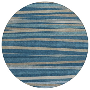 HomeRoots 5' Denim Blue and Gray Striped Washable Area Rug for Indoor and Outdoor Durability and Style 8' Round 597321