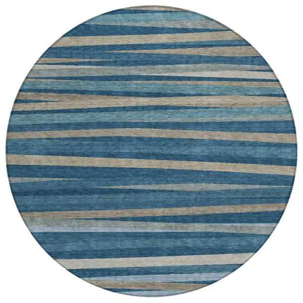 HomeRoots 5' Denim Blue and Gray Striped Washable Area Rug for Indoor and Outdoor Durability and Style 8' Round 597321