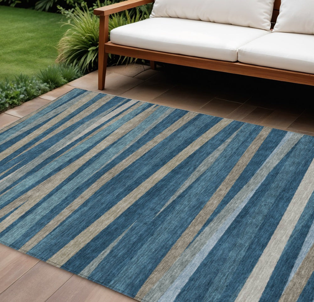 HomeRoots 5' Denim Blue and Gray Striped Washable Area Rug for Indoor and Outdoor Durability and Style 8' X 10' 597322