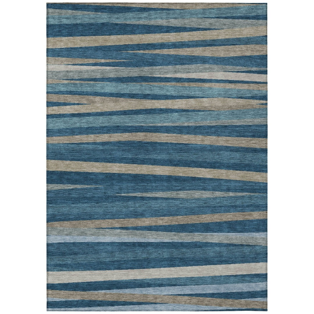 HomeRoots 5' Denim Blue and Gray Striped Washable Area Rug for Indoor and Outdoor Durability and Style 8' X 10' 597322