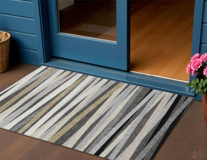 Homeroots 3' Black Brown And Ivory Striped Washable Area Rug - Durable, Versatile Design For Indoor Or Outdoor Use 3' X 5' Polyester 597325