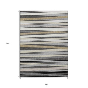 Homeroots 3' Black Brown And Ivory Striped Washable Area Rug - Durable, Versatile Design For Indoor Or Outdoor Use 5' X 8' Polyester 597326