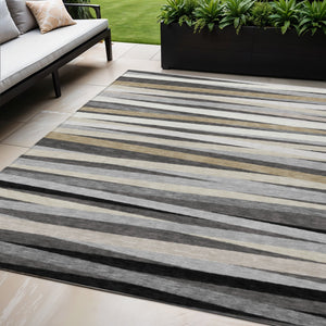 Homeroots 3' Black Brown And Ivory Striped Washable Area Rug - Durable, Versatile Design For Indoor Or Outdoor Use 5' X 8' Polyester 597326