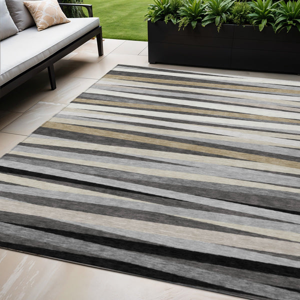 Homeroots 3' Black Brown And Ivory Striped Washable Area Rug - Durable, Versatile Design For Indoor Or Outdoor Use 5' X 8' Polyester 597326