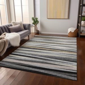 HomeRoots 5' Stylish Gray and Ivory Striped Area Rug - Machine Washable for Indoor and Outdoor Use, Durable Design 5' X 8' 597326