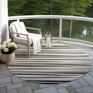 Homeroots 3' Black Brown And Ivory Striped Washable Area Rug - Durable, Versatile Design For Indoor Or Outdoor Use 8' Round Polyester 597327