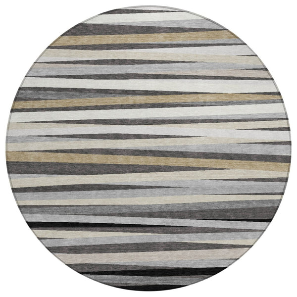 HomeRoots 5' Stylish Gray and Ivory Striped Area Rug - Machine Washable for Indoor and Outdoor Use, Durable Design 8' Round 597327