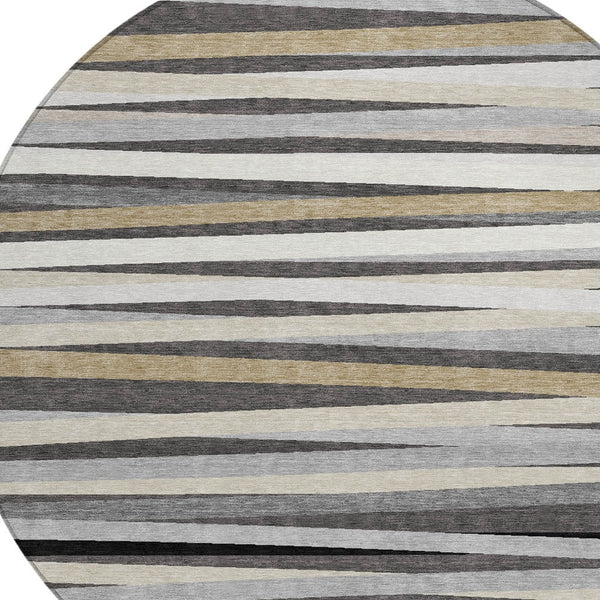 Homeroots 3' Black Brown And Ivory Striped Washable Area Rug - Durable, Versatile Design For Indoor Or Outdoor Use 8' Round Polyester 597327