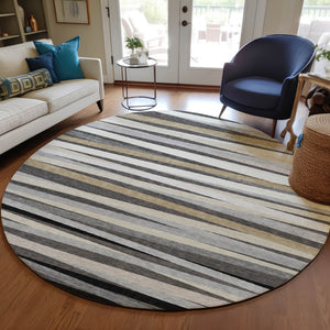Homeroots 3' Black Brown And Ivory Striped Washable Area Rug - Durable, Versatile Design For Indoor Or Outdoor Use 8' Round Polyester 597327