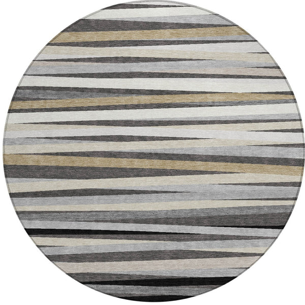 Homeroots 3' Black Brown And Ivory Striped Washable Area Rug - Durable, Versatile Design For Indoor Or Outdoor Use 8' Round Polyester 597327