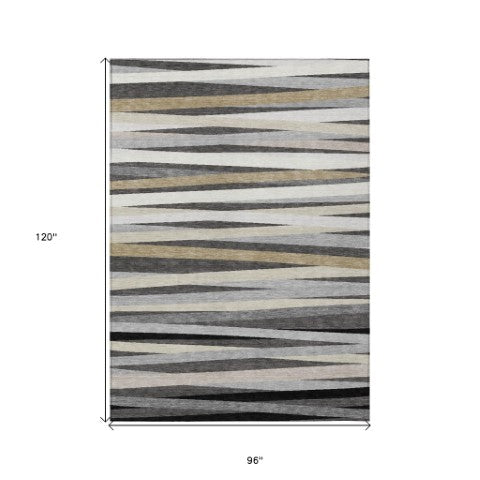 Homeroots 3' Black Brown And Ivory Striped Washable Area Rug - Durable, Versatile Design For Indoor Or Outdoor Use 8' X 10' Polyester 597328