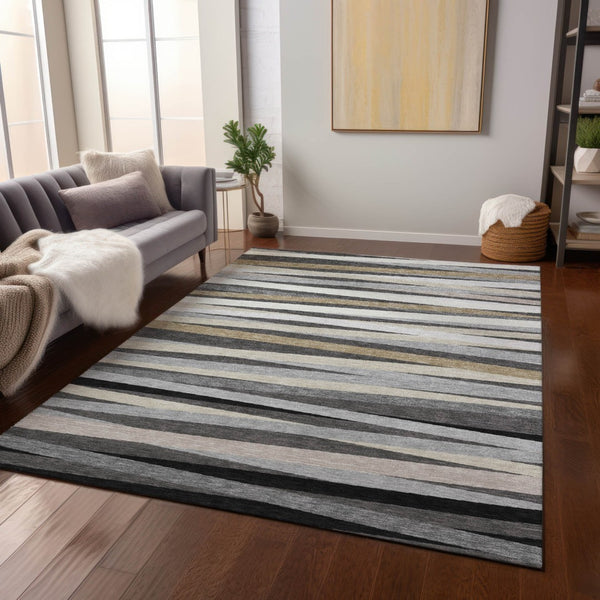 Homeroots 3' Black Brown And Ivory Striped Washable Area Rug - Durable, Versatile Design For Indoor Or Outdoor Use 8' X 10' Polyester 597328