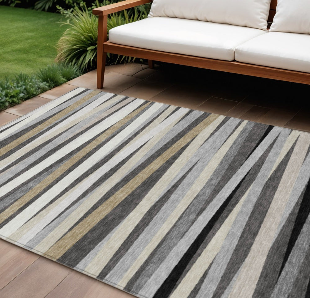 HomeRoots 9' Striped Gray Ivory Beige Indoor Outdoor Area Rug - Durable, Washable & Stylish for Any Space! 597329
