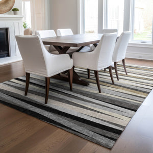 Homeroots 3' Black Brown And Ivory Striped Washable Area Rug - Durable, Versatile Design For Indoor Or Outdoor Use 9' X 12' Polyester 597329